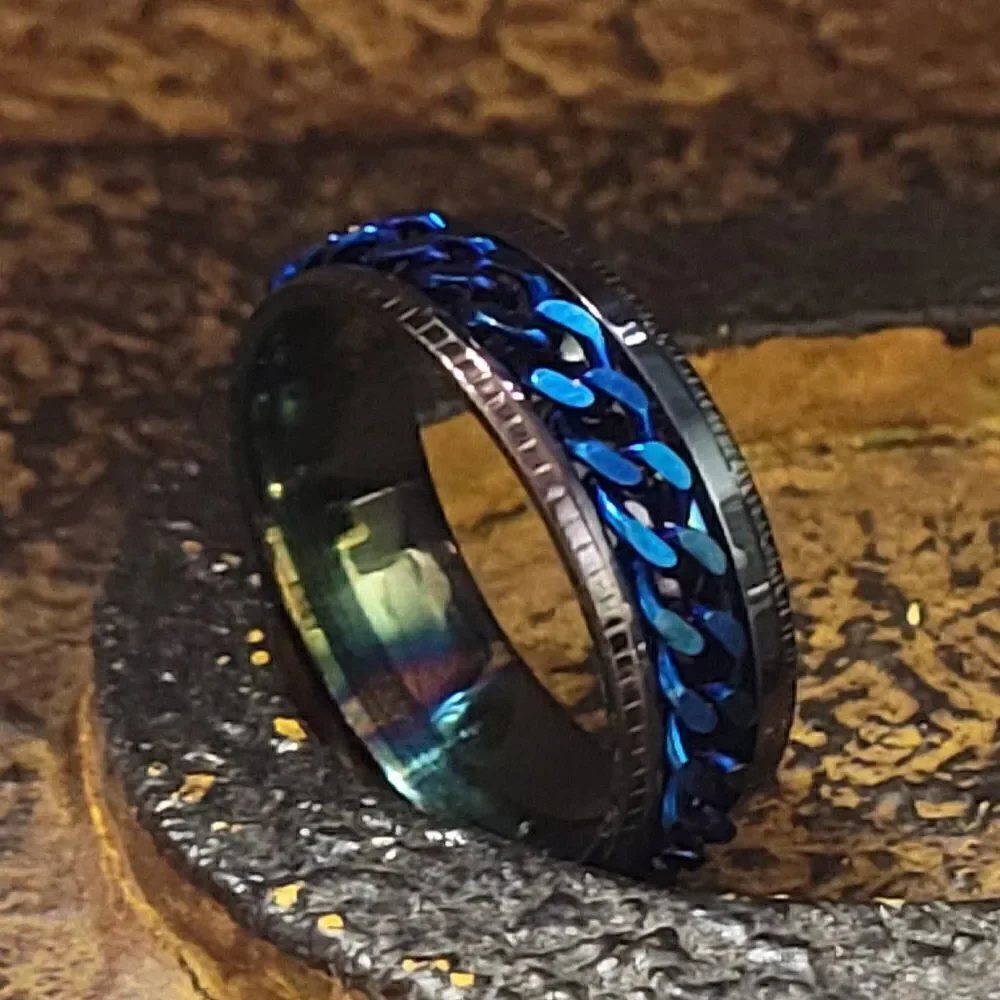 Men's Blue Chain Spinner Promise Ring - Guy's Fidget Ring - Anxiety Ring For Men